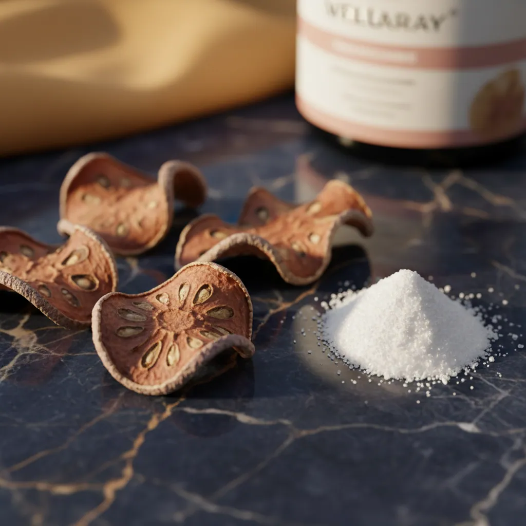 Garcinia cambogia fruit slices and L-Carnitine powder on marble surface, editorial food photography